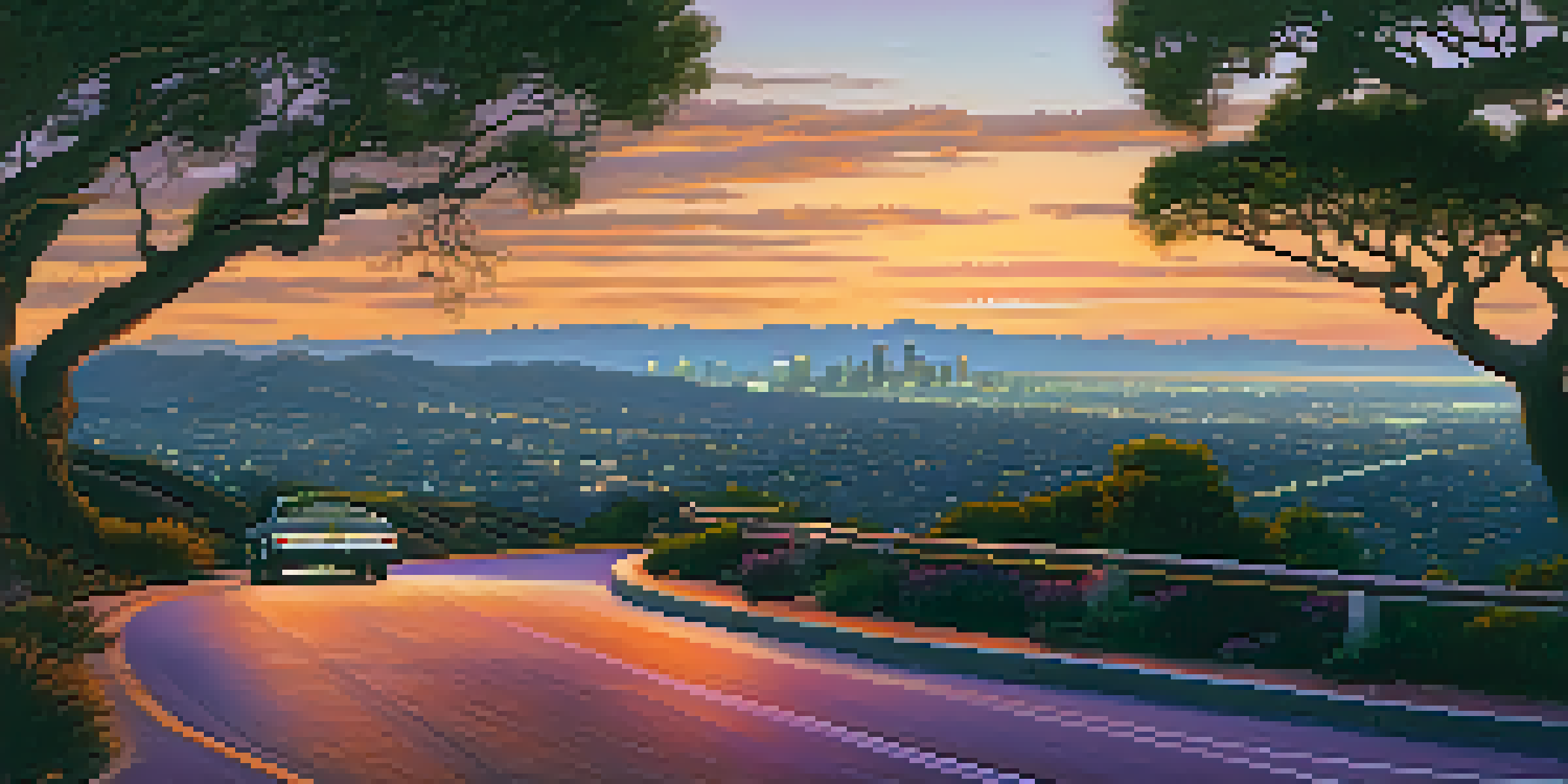 A scenic view of Mulholland Drive at sunset, with a winding road, trees, and the glowing Los Angeles skyline in the background.
