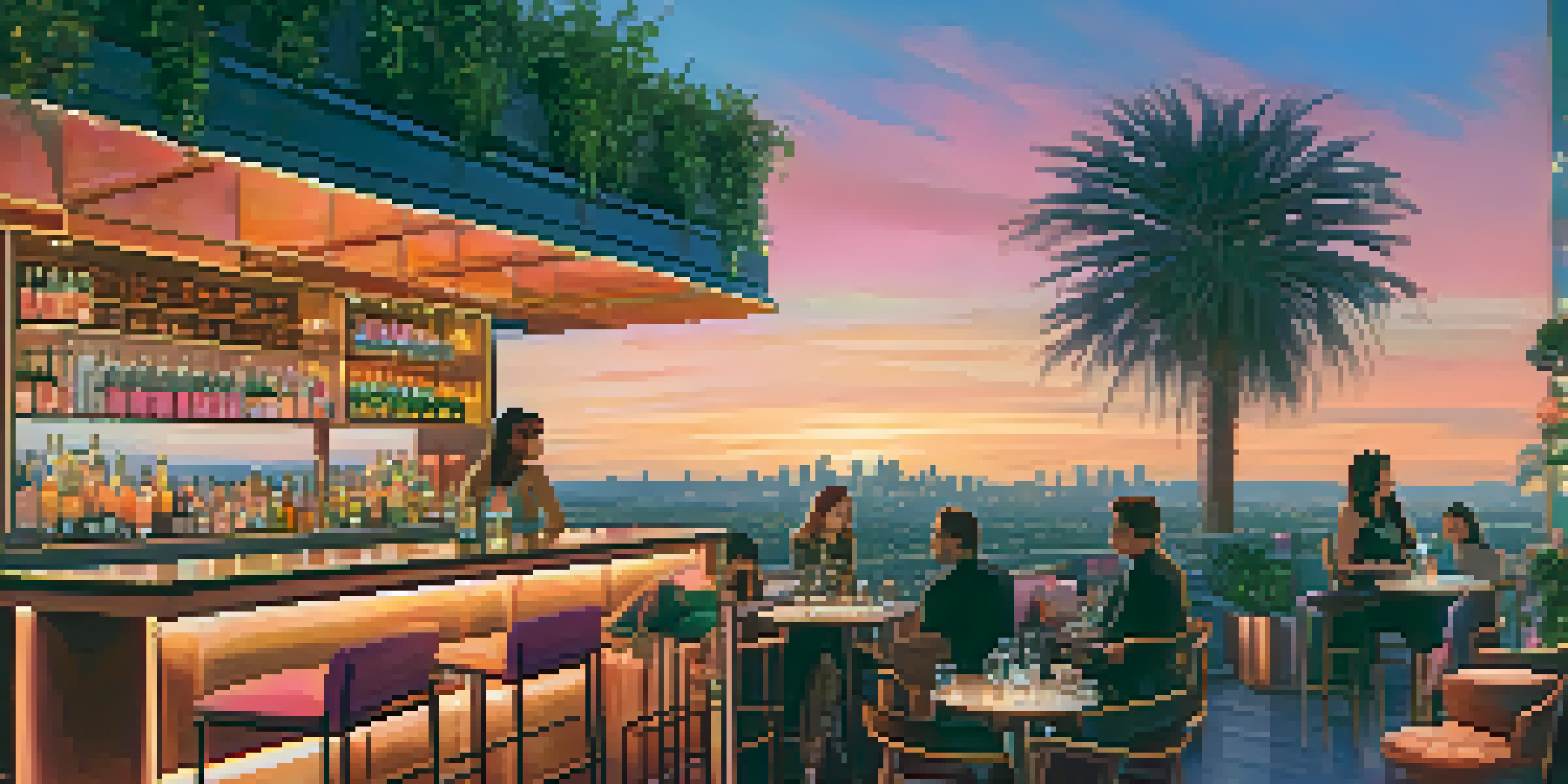 A lively rooftop bar in Koreatown with patrons enjoying drinks and a sunset view of the Los Angeles skyline.