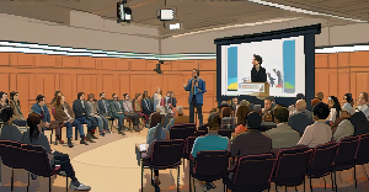A filmmaker presenting their pitch at a film festival competition, with judges and an engaged audience in a creative atmosphere.