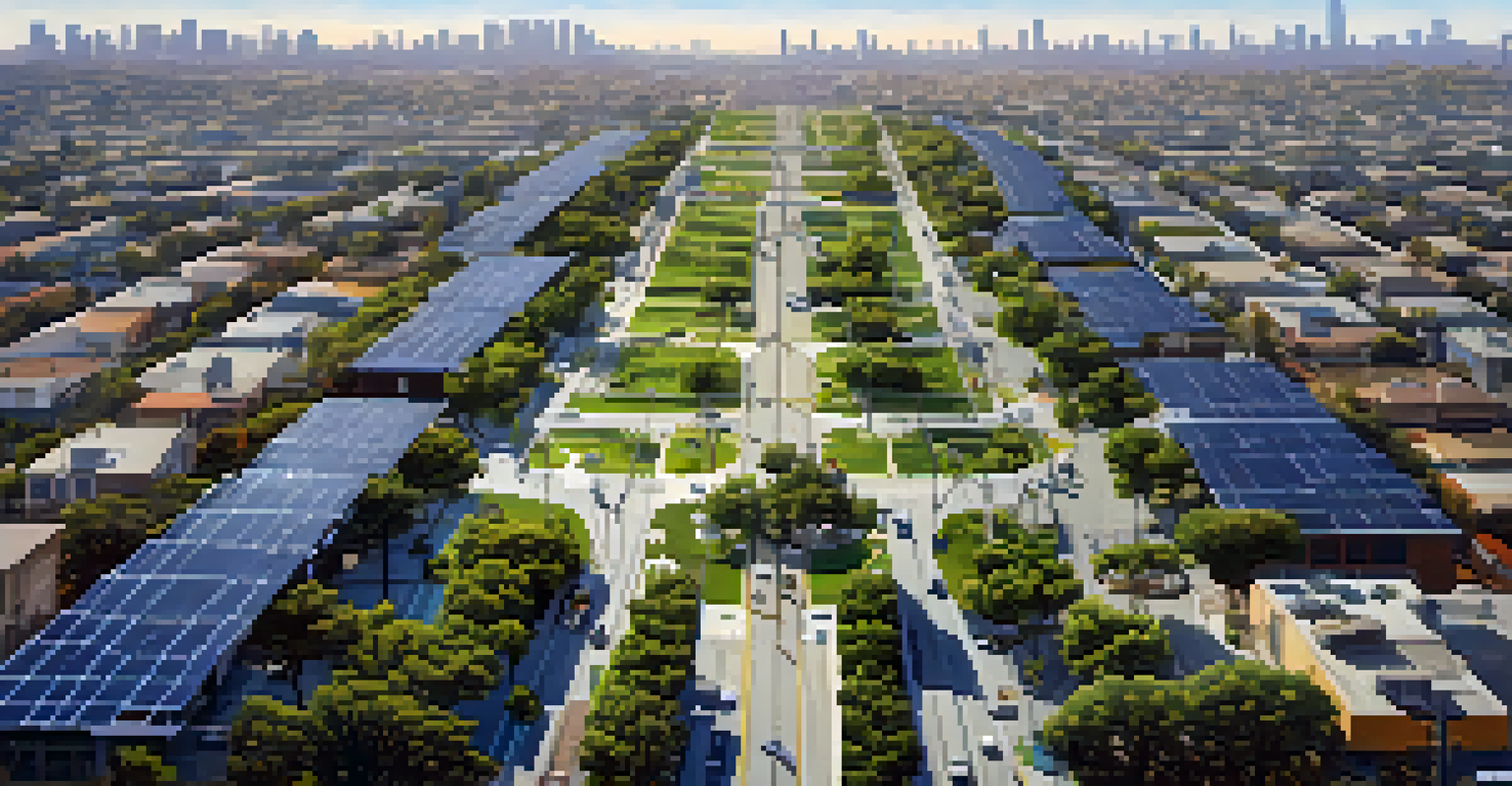 An aerial view of a sustainable urban landscape in Los Angeles with green spaces, bike lanes, and solar panels, featuring a skyline in the background.