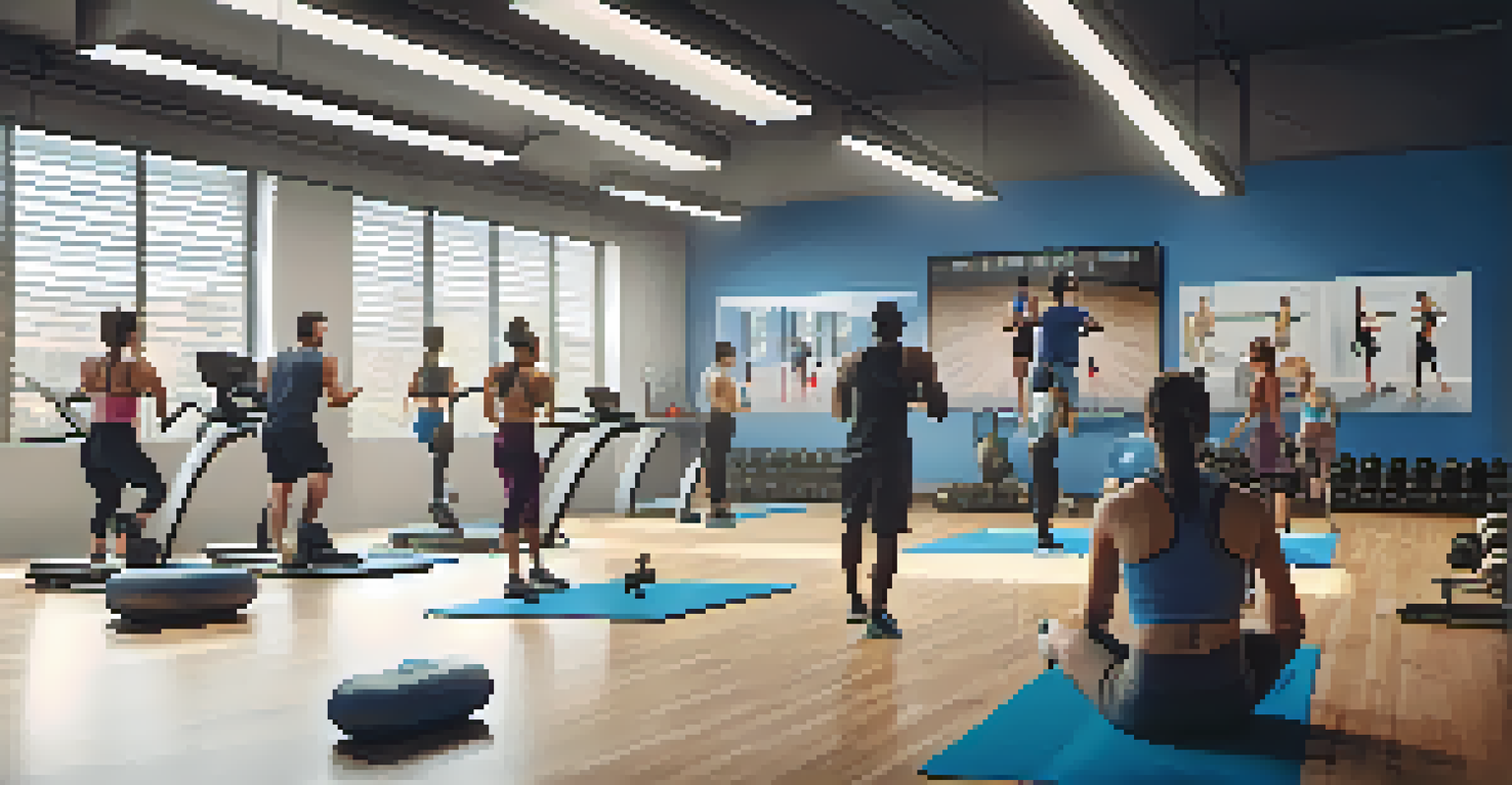 An energetic scene in a local gym with participants following an online fitness class, featuring an enthusiastic instructor on a large screen.