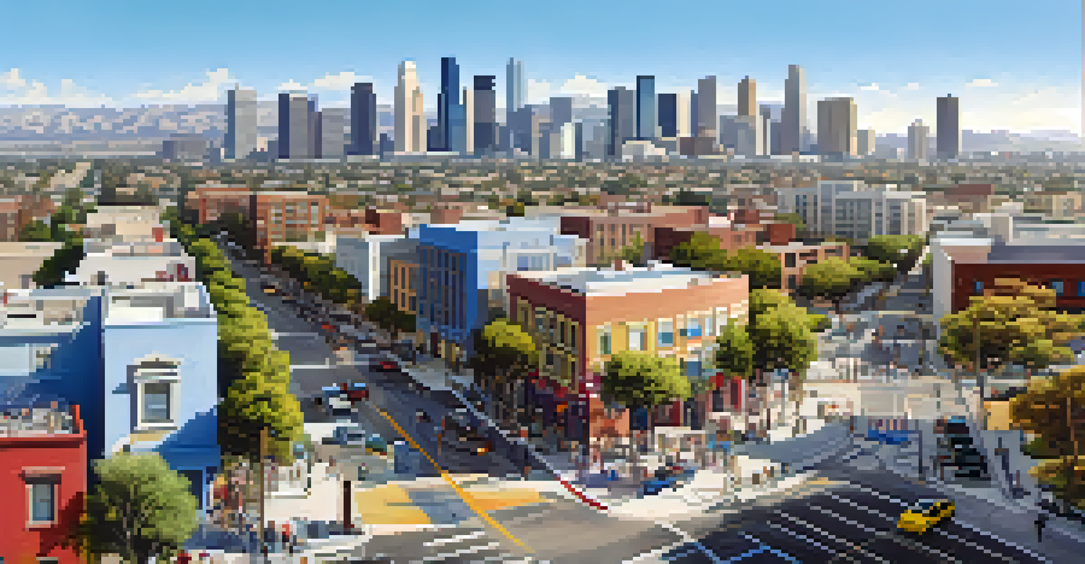Aerial view of a vibrant mixed-use area in Los Angeles, featuring residential buildings, shops, and parks, bustling with pedestrians and cyclists.