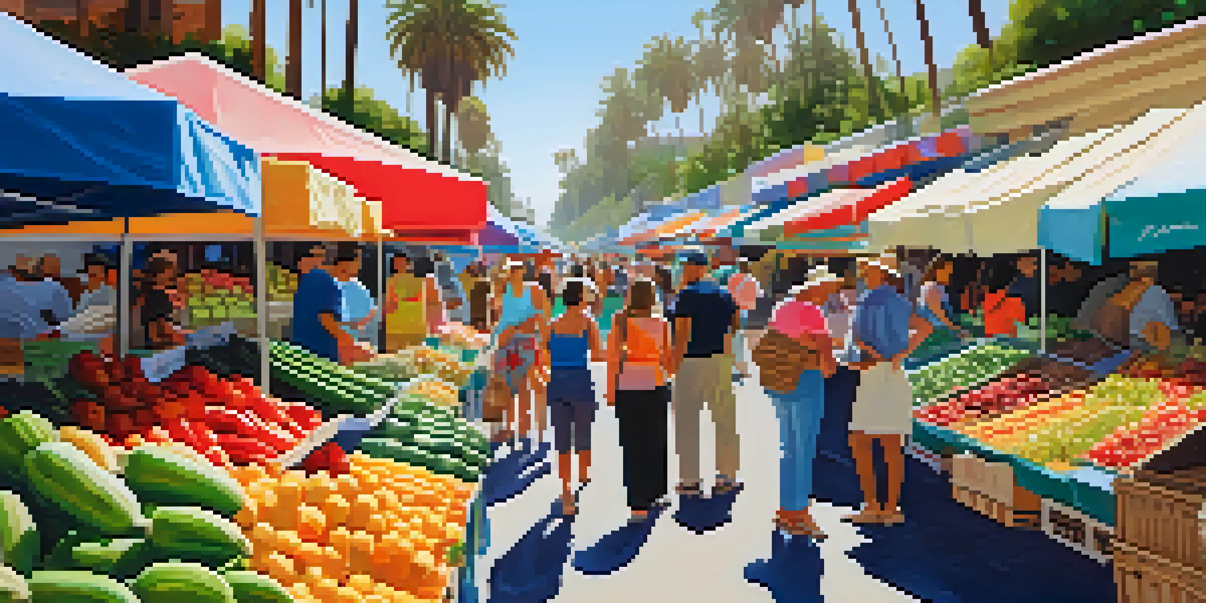 A vibrant Santa Monica farmers market bustling with shoppers, fresh produce stalls, and local vendors, capturing the lively community atmosphere.