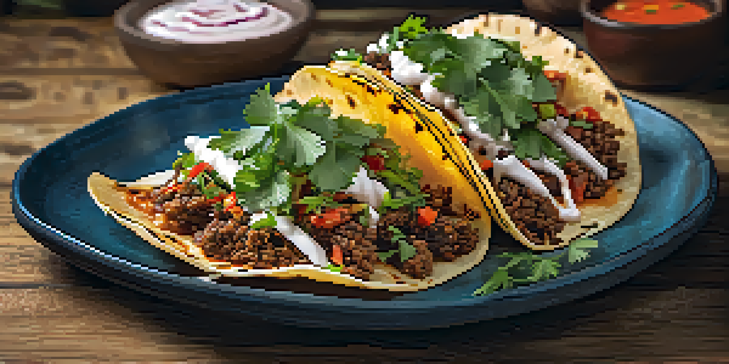 A colorful plate of Korean tacos filled with kimchi and bulgogi, garnished with cilantro, on a wooden table with salsa.