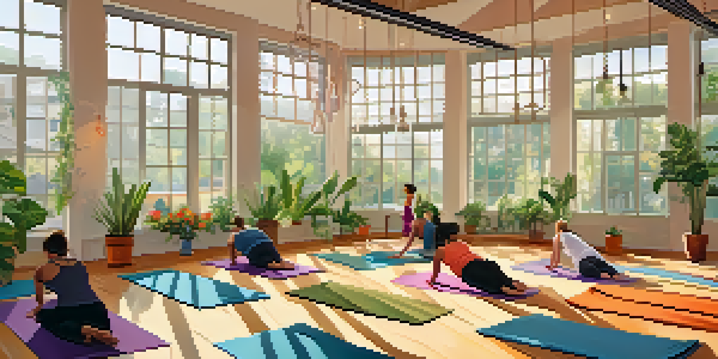 A peaceful yoga studio with individuals practicing yoga under natural light, surrounded by plants and calming decor.