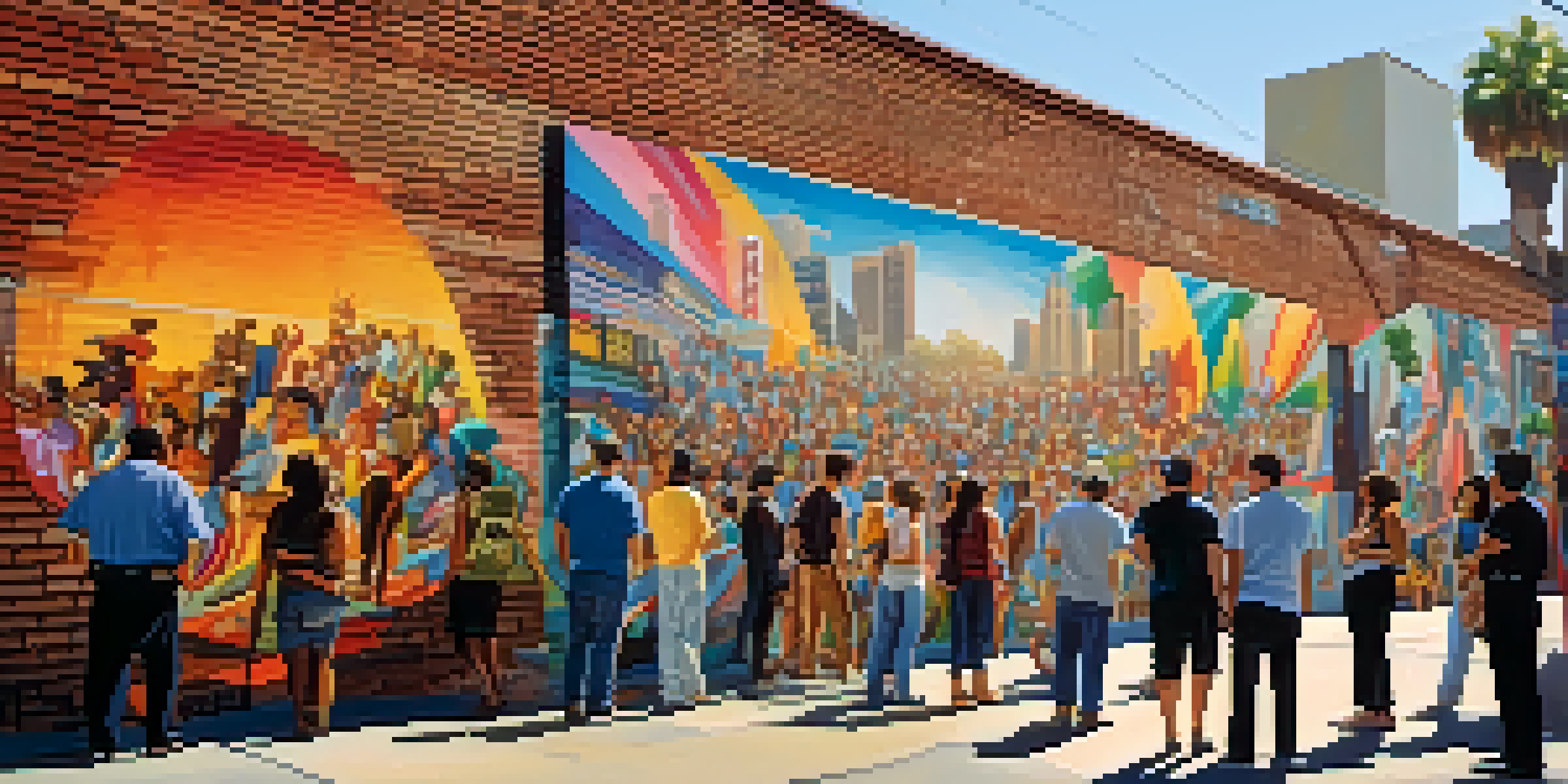 A colorful street art scene in Los Angeles with artists painting murals and people admiring the artwork.