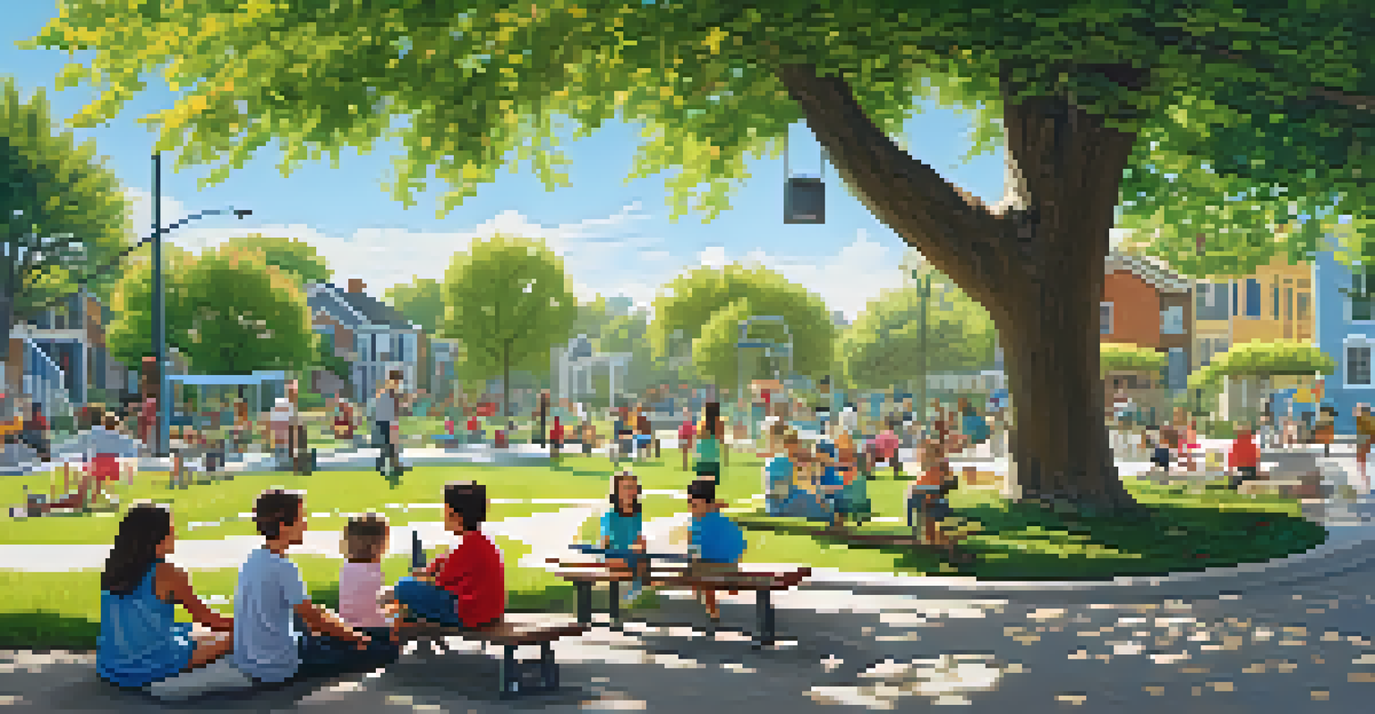 A neighborhood park with families picnicking and children playing, showcasing both traditional and modern park elements.