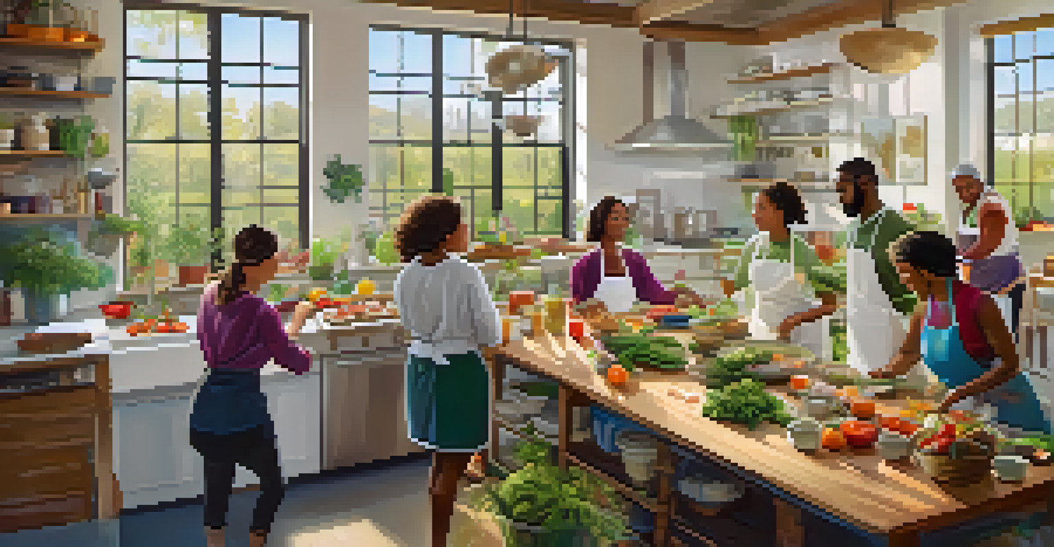 A lively culinary wellness retreat with participants cooking healthy meals in a bright kitchen.