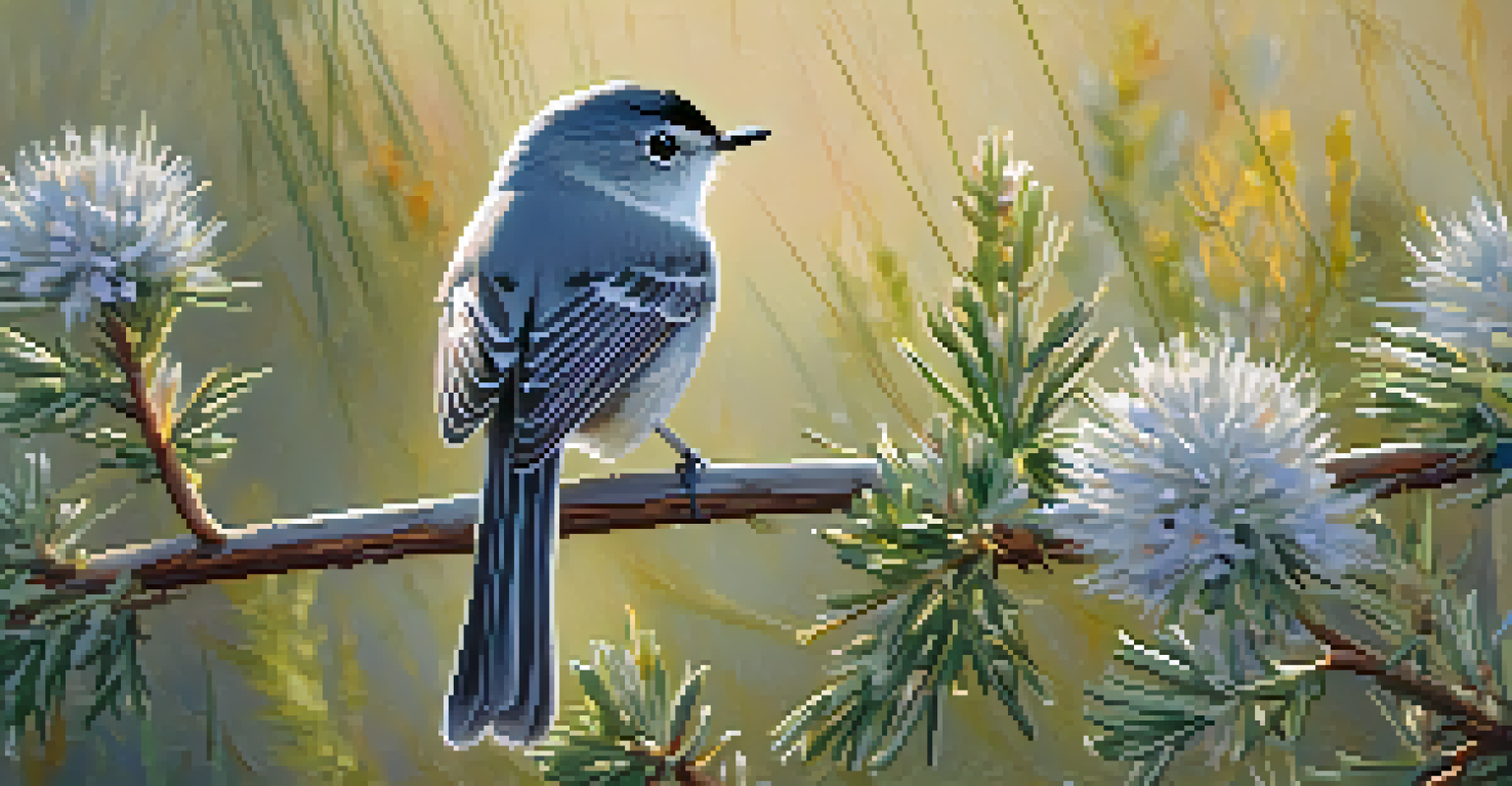 A California gnatcatcher sitting on a branch surrounded by native coastal plants, captured in natural sunlight.