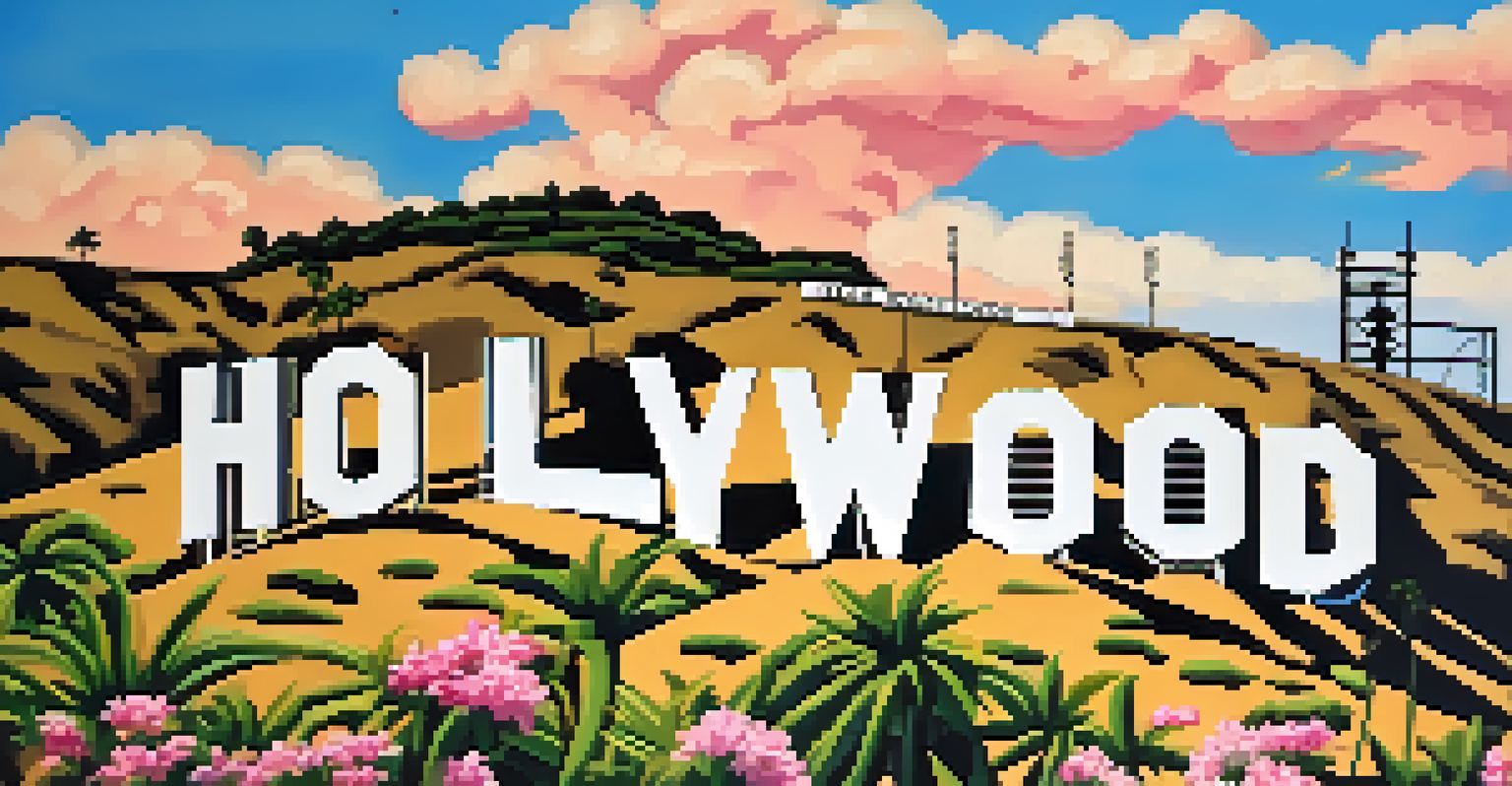 A clear day view of the Hollywood Sign, highlighting the letters with blooming flowers and palm trees in the foreground.