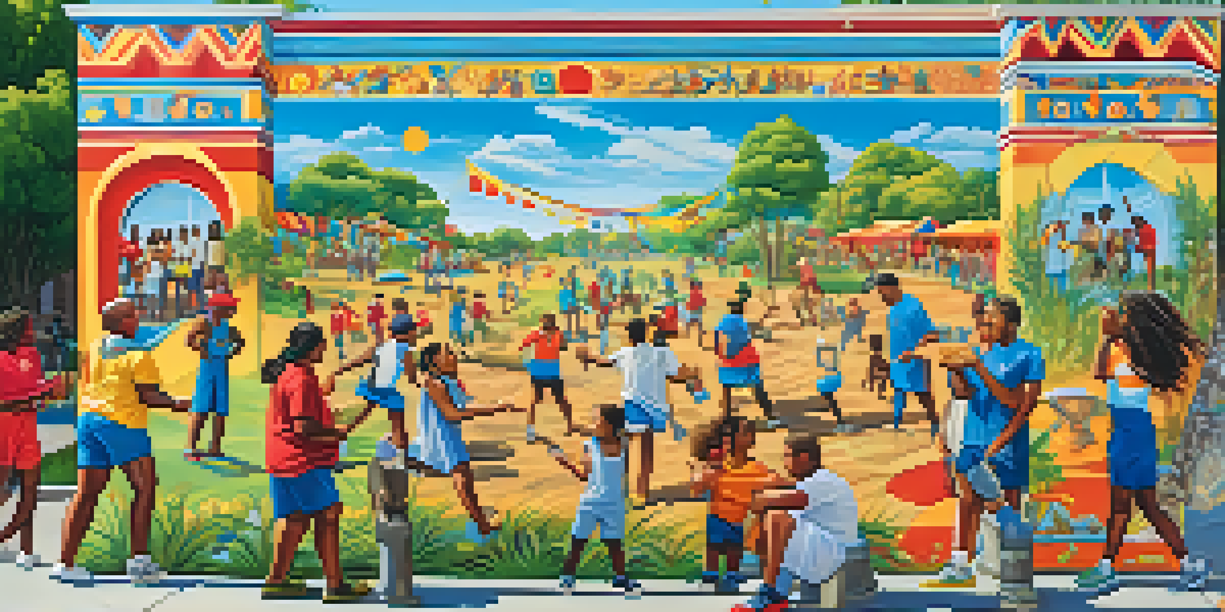 A colorful mural in a park featuring diverse community members and cultural symbols.