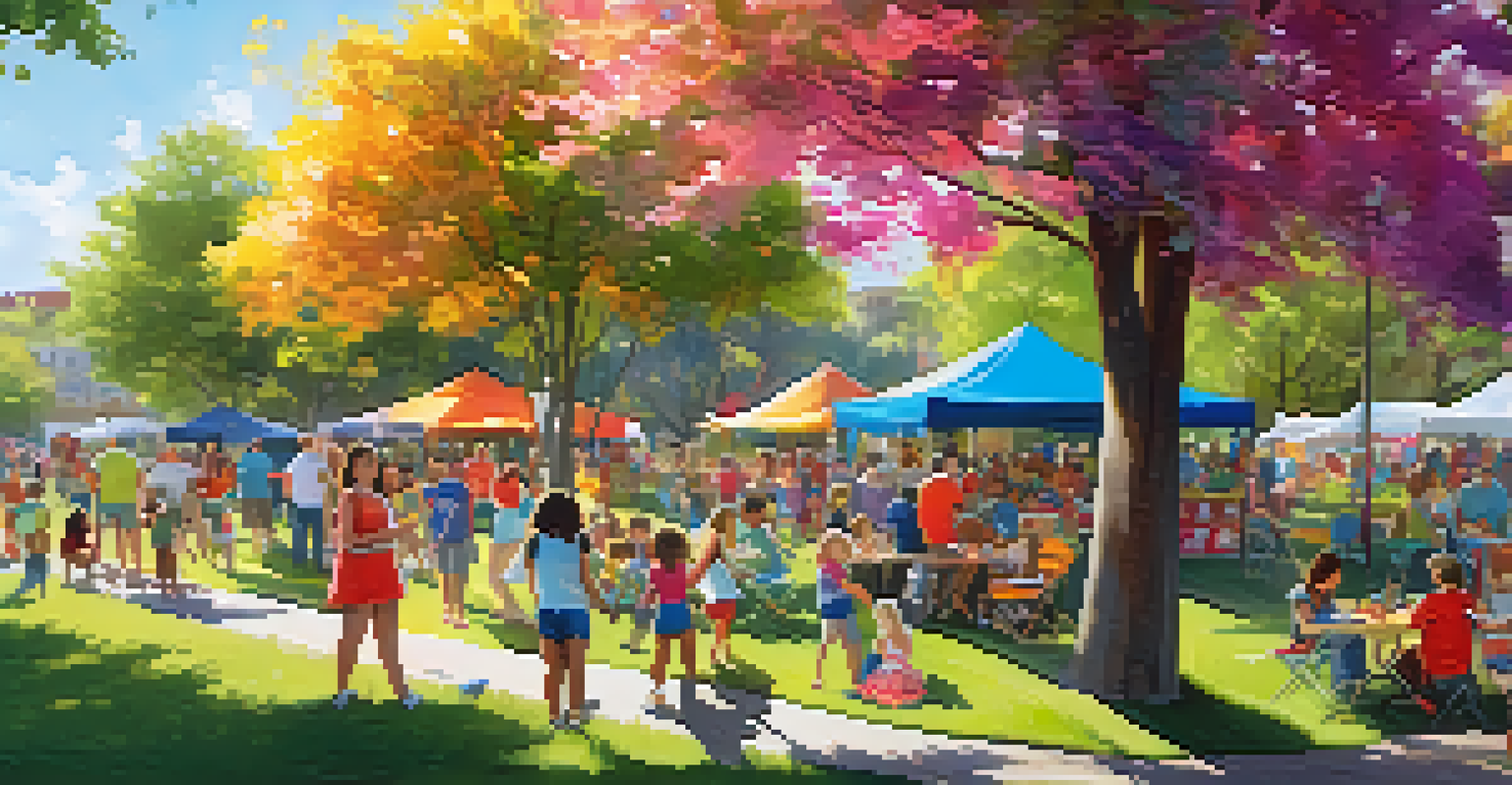 A lively community event in a park with booths, families, and activities, filled with colorful decorations and sunlight.
