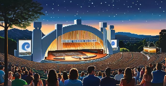 Twilight view of the Hollywood Bowl with its iconic shell illuminated, filled with an audience enjoying a performance under a starry sky.