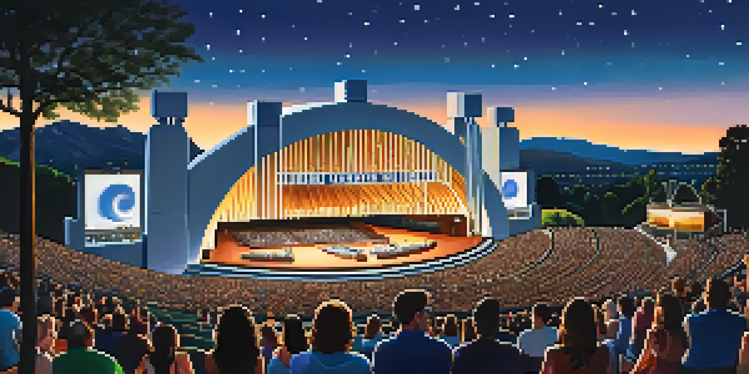 Twilight view of the Hollywood Bowl with its iconic shell illuminated, filled with an audience enjoying a performance under a starry sky.
