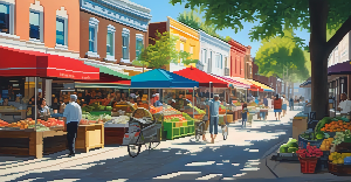 A lively urban neighborhood with a mix of old and new buildings, featuring a community market and diverse residents engaging with each other under dappled sunlight.