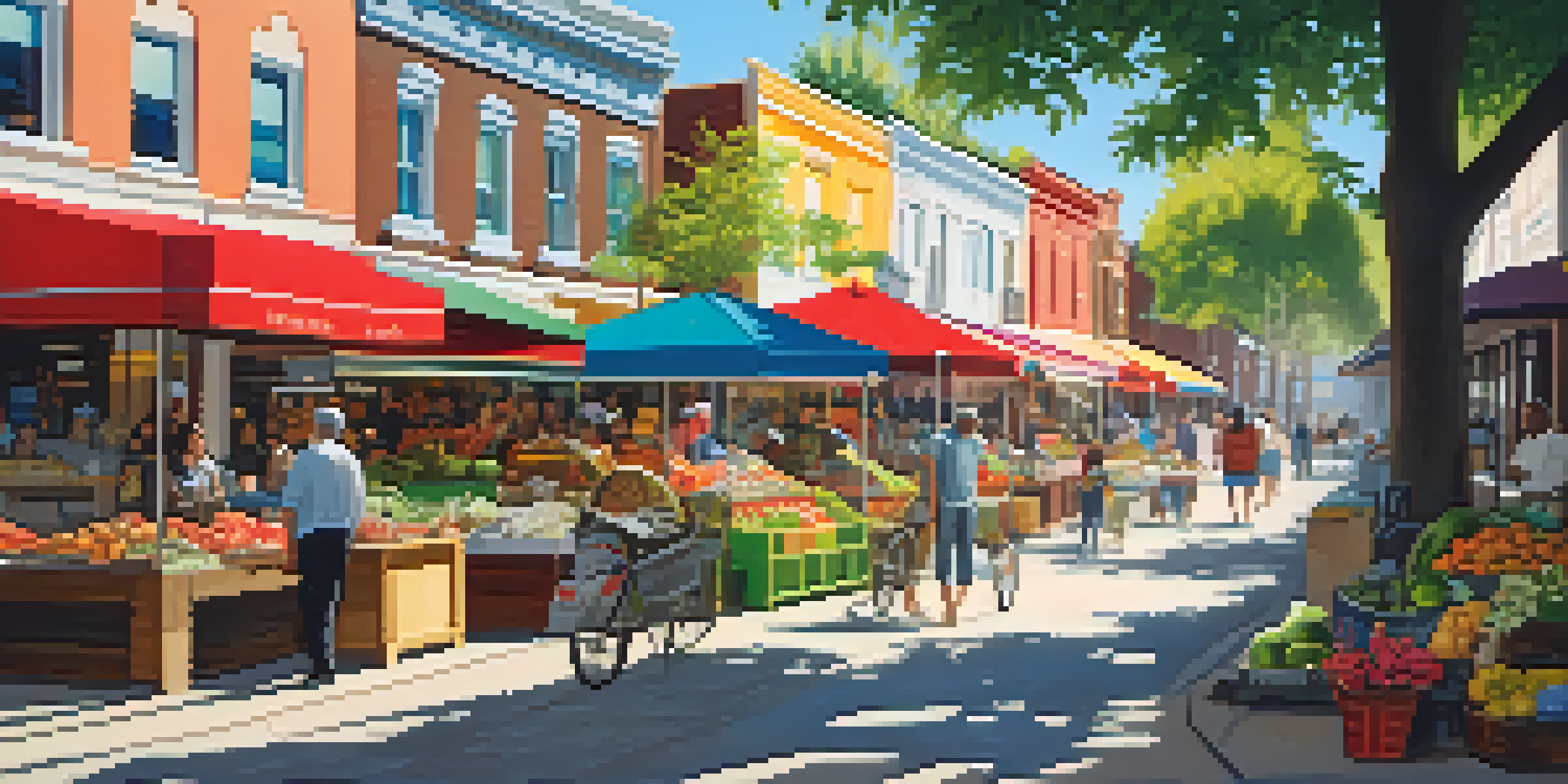 A lively urban neighborhood with a mix of old and new buildings, featuring a community market and diverse residents engaging with each other under dappled sunlight.