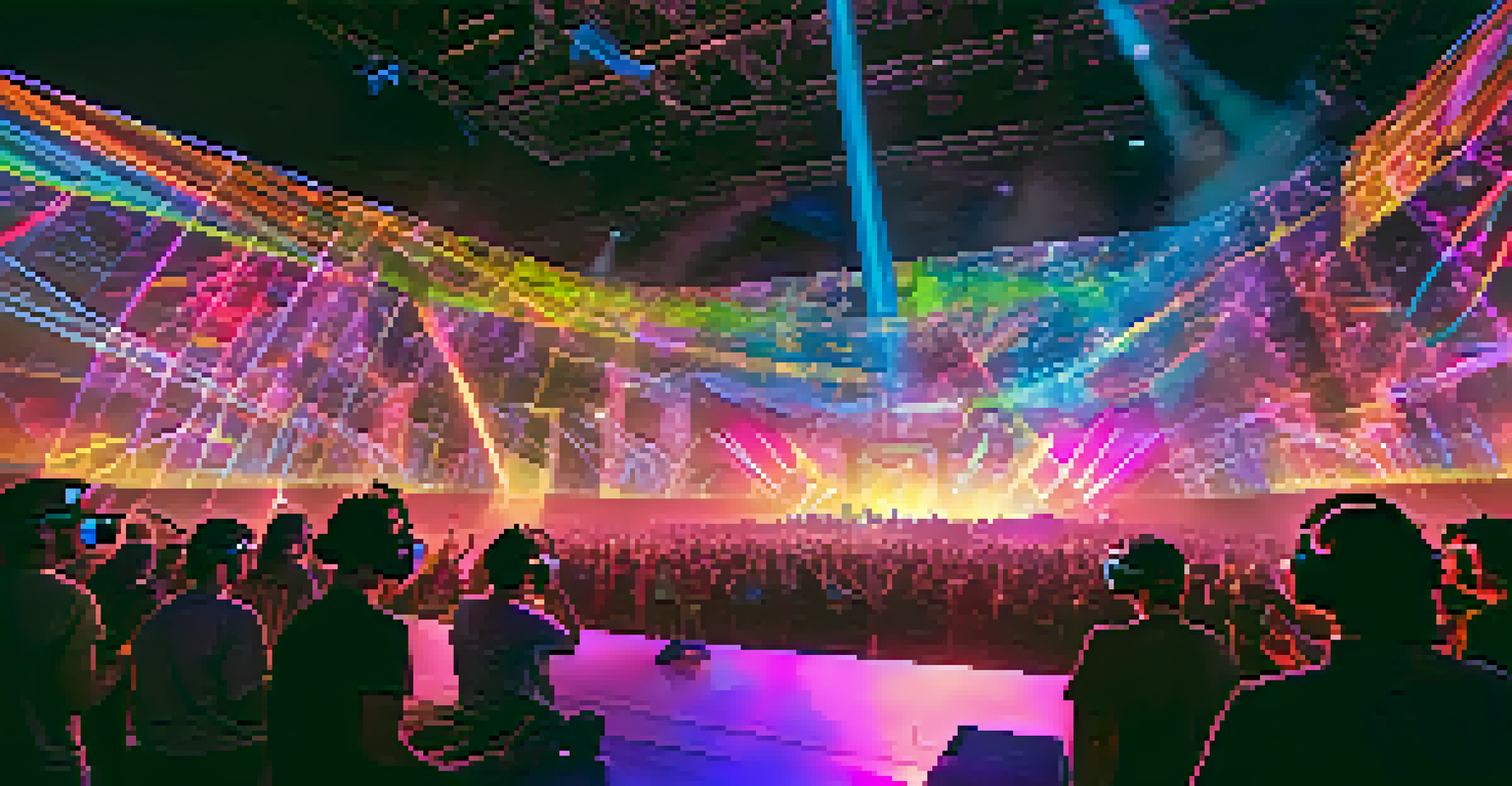 An exciting virtual reality concert with a performer on stage, surrounded by an engaged audience wearing VR headsets.