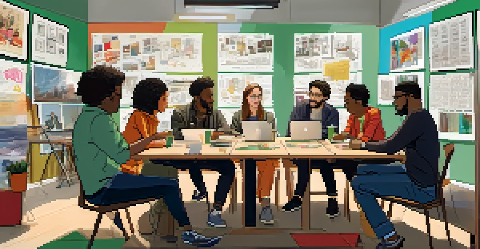 A diverse group of filmmakers brainstorming in a bright studio filled with storyboards and artwork.