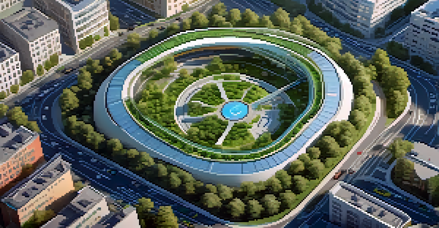 An aerial perspective of a city with dedicated lanes for electric vehicles and solar panels.