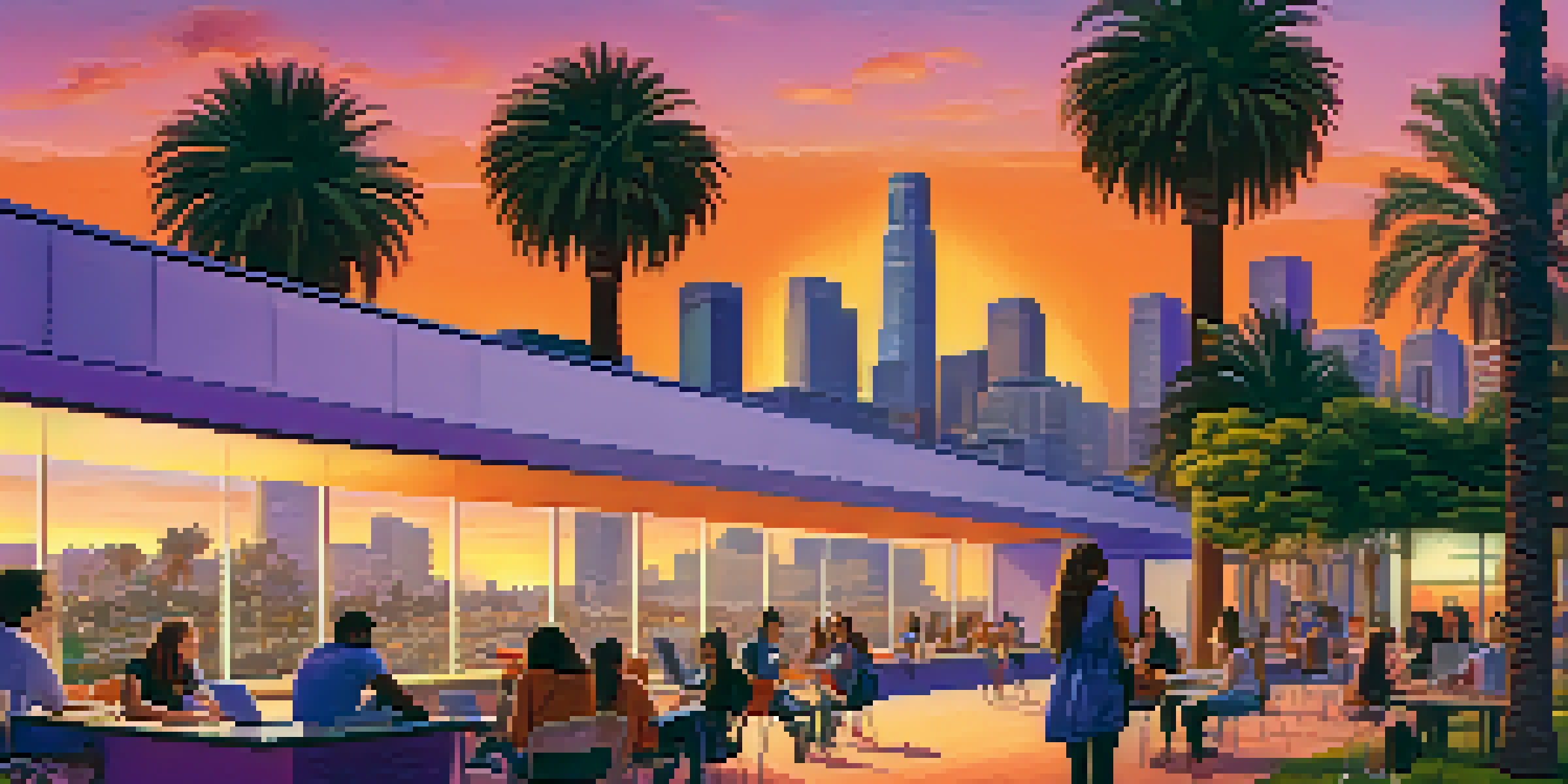 A lively university scene with diverse students collaborating on projects against a sunset backdrop in Los Angeles.