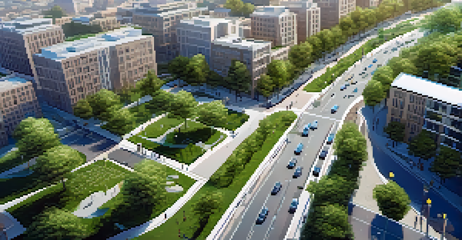 Aerial view of a city showcasing permeable pavements and green spaces for climate resilience.