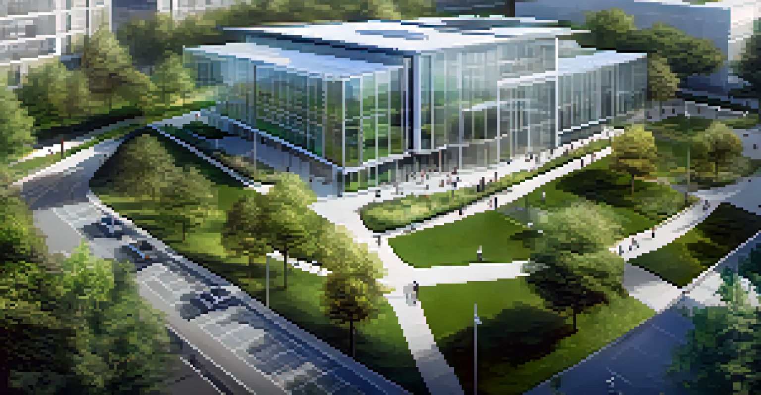 An aerial view of a modern data analytics center surrounded by parks, with people walking and interacting in the outdoor spaces.