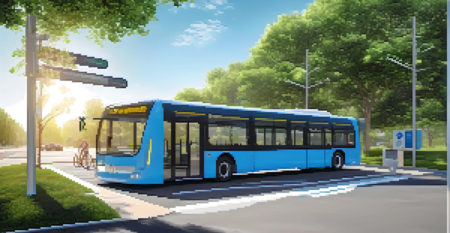 An electric bus at a modern bus stop surrounded by greenery, featuring digital screens for real-time transit information and bicycle racks.