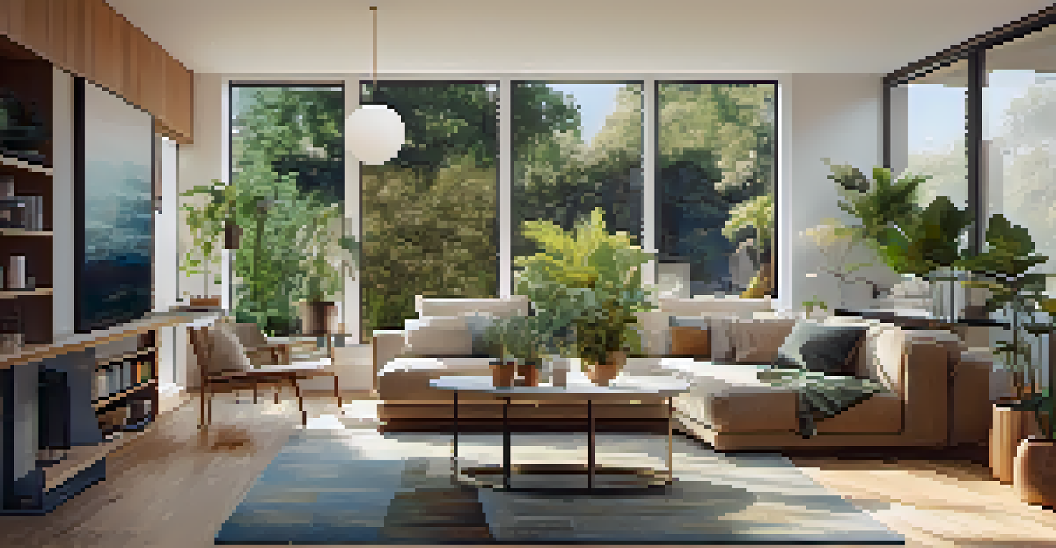 Interior of a modern LA apartment with eco-friendly design, natural light, and plants, showcasing a cozy atmosphere.