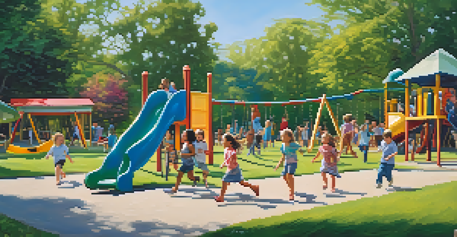 Children playing joyfully in a park, surrounded by greenery and colorful playground equipment under a blue sky.