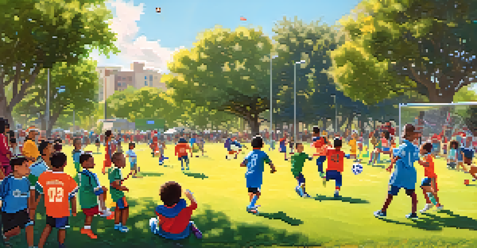 Children of diverse backgrounds playing soccer in a park, with parents cheering from the sidelines on a sunny day.