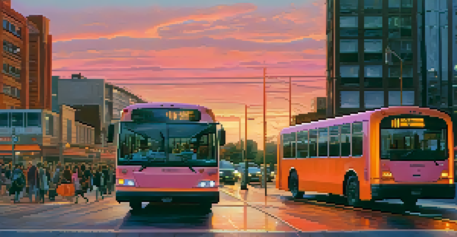 An electric bus in an urban setting at sunset, with vibrant sky colors.