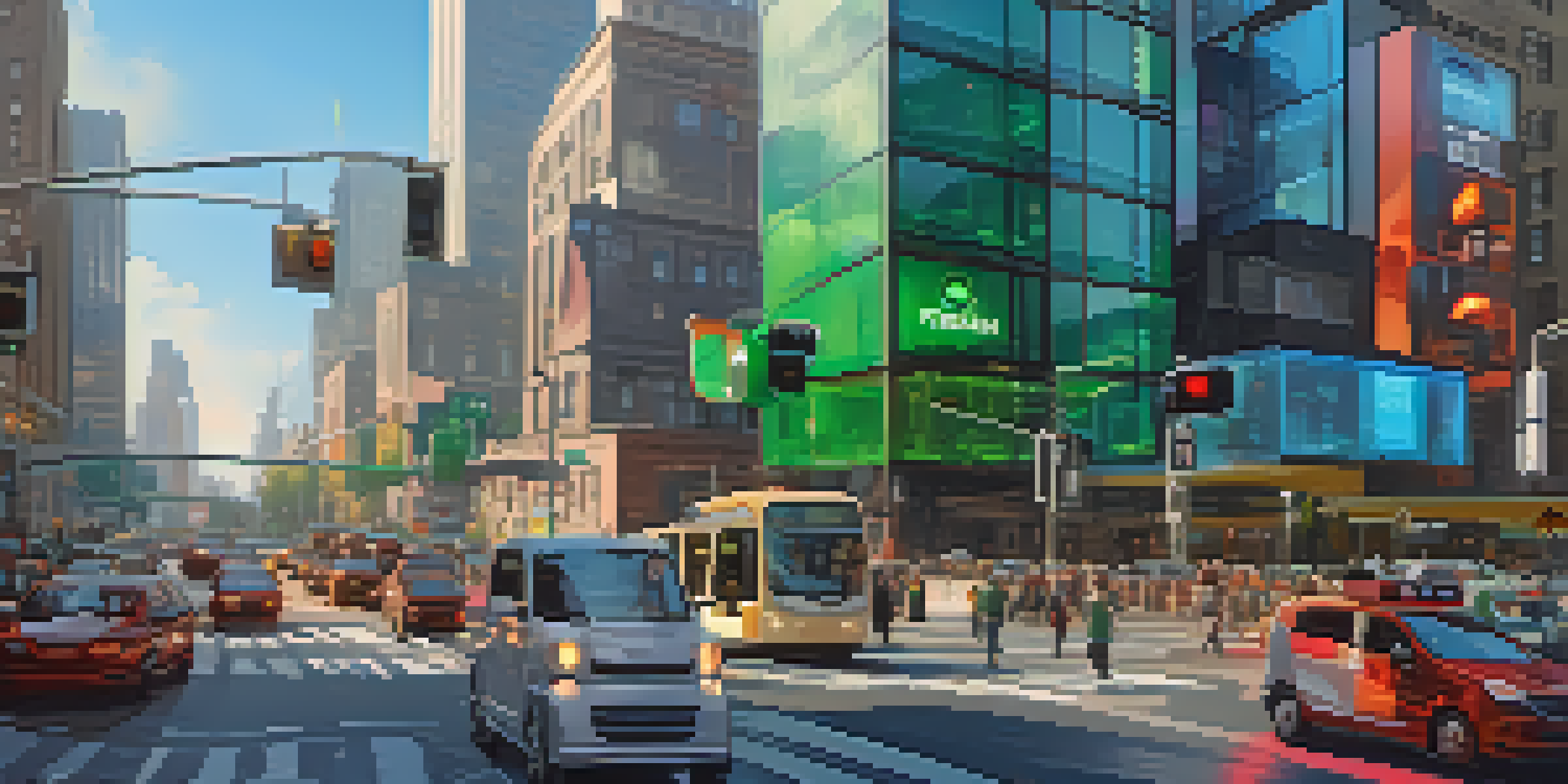 A busy city intersection with adaptive traffic lights and vehicles, showcasing smart traffic management technology.