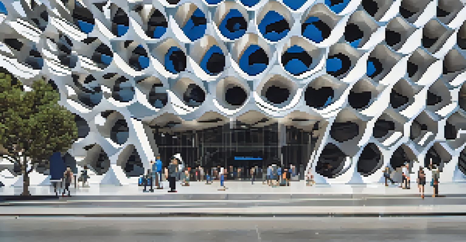 The honeycomb-like exterior of The Broad museum in downtown Los Angeles with visitors entering.
