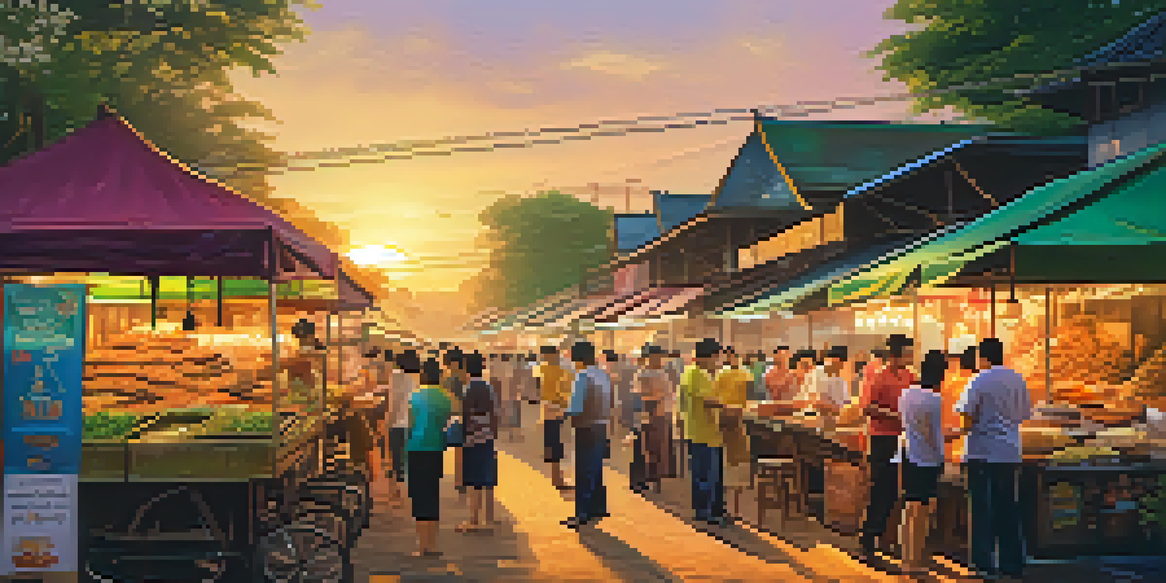 A vibrant street food market in Bangkok during sunset, showcasing colorful food stalls and happy customers enjoying their meals.