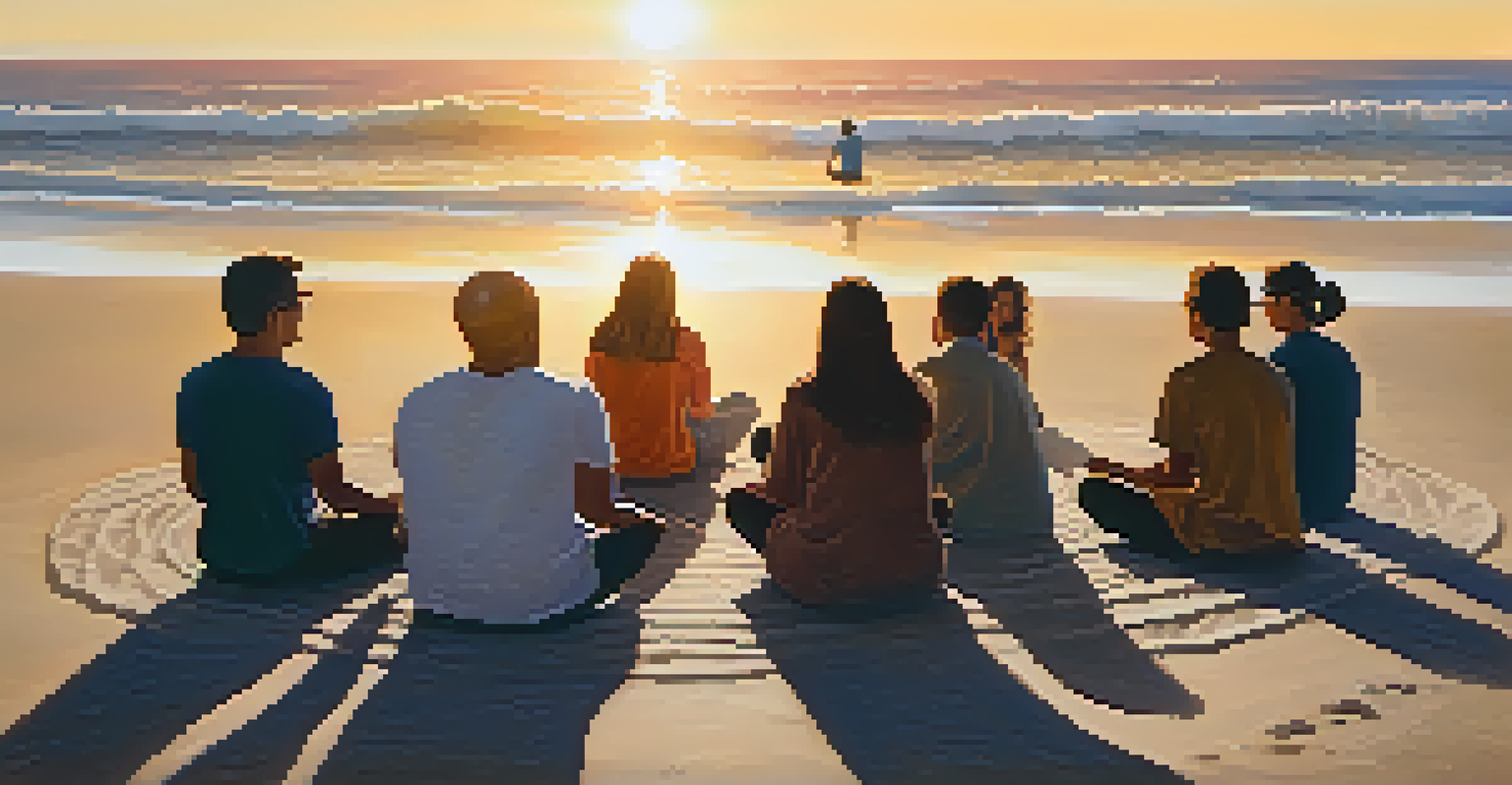 Participants meditating on the beach at sunrise, sitting in a circle on the sand with the ocean in the background and soft morning light.