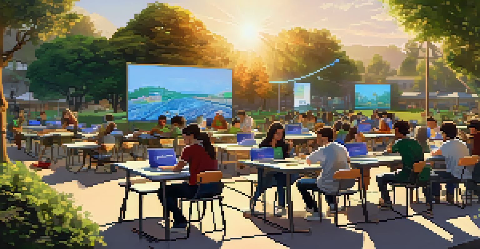 Students outdoors at a community college participating in a coding bootcamp, surrounded by greenery and colorful banners.
