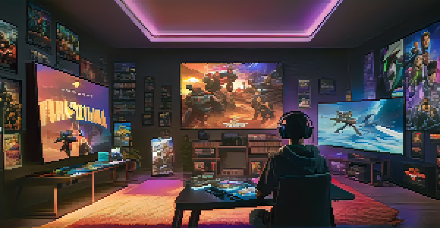 A young gamer immersed in a video game featuring Hollywood characters, surrounded by movie posters and colorful LED lights.