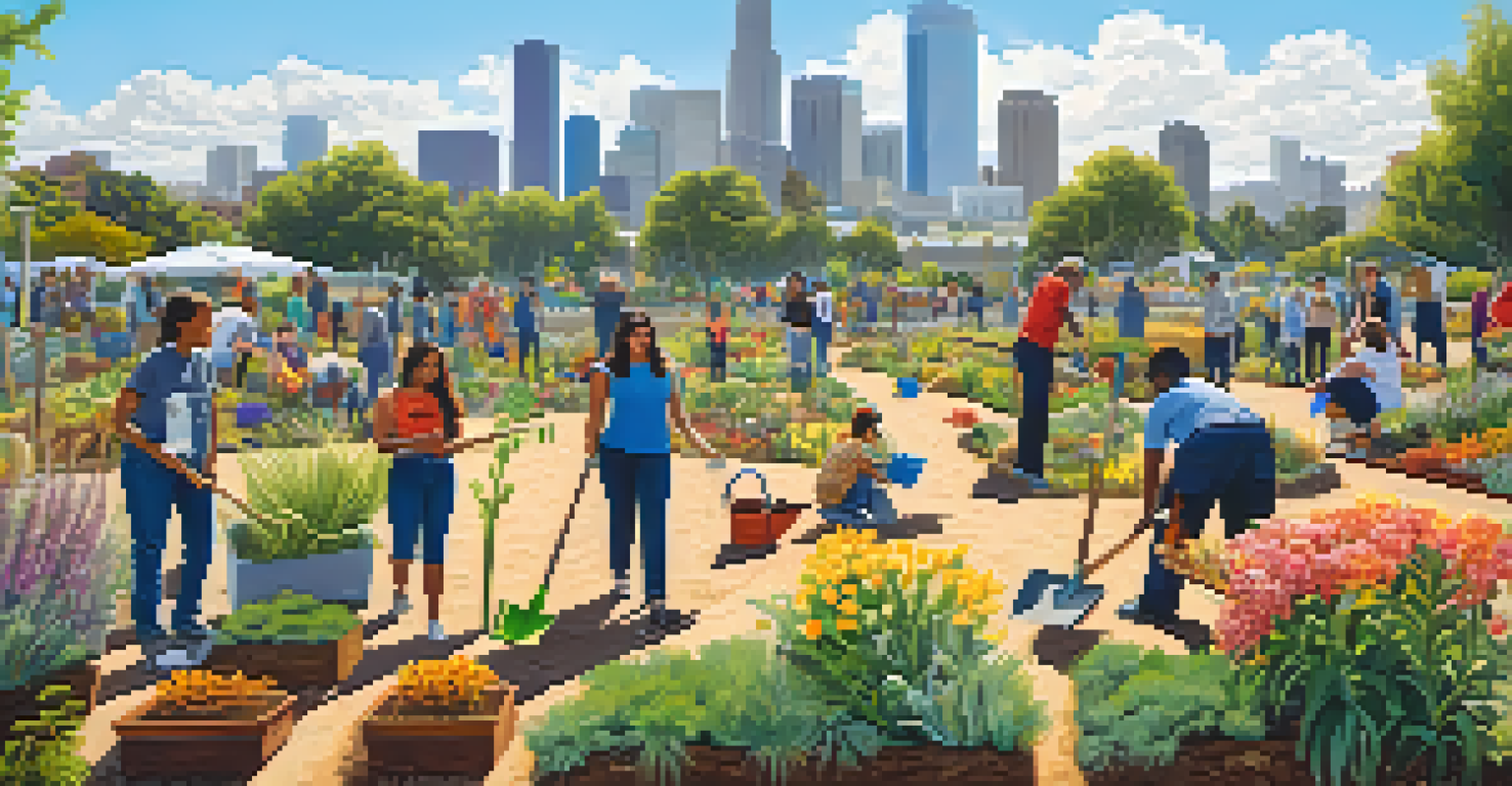 Residents of Los Angeles participating in a community gardening event, planting native flowers in a sunny urban setting with city buildings in the background.