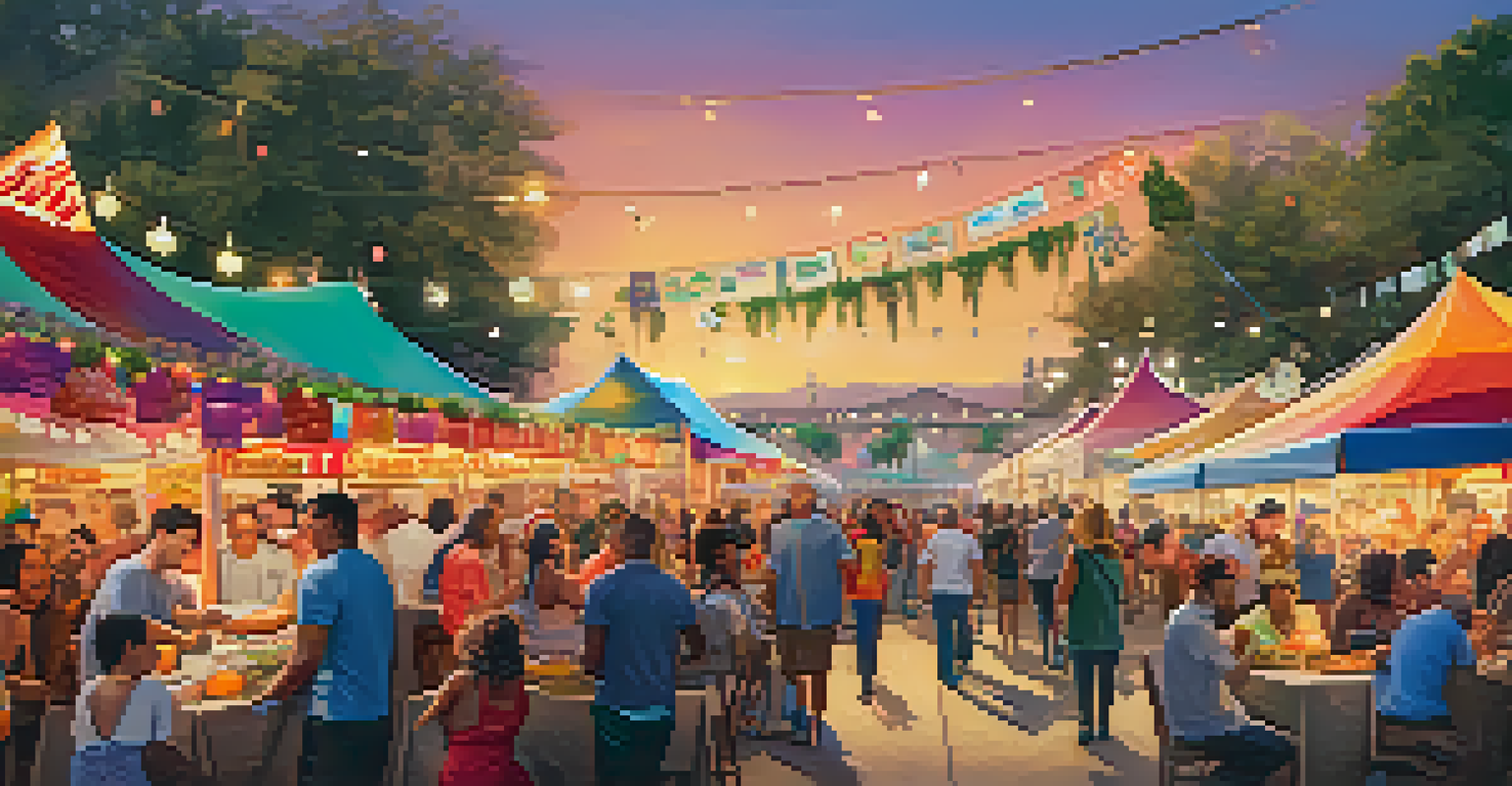 A vibrant food festival in Los Angeles with diverse vendors and people sampling various dishes under colorful banners.