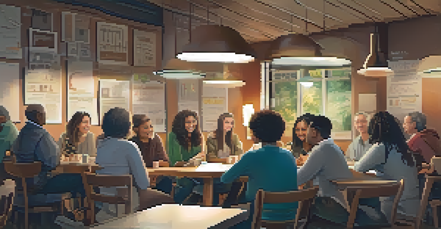 A diverse group of people sitting around a table in a café, discussing and brainstorming ideas for their community group.