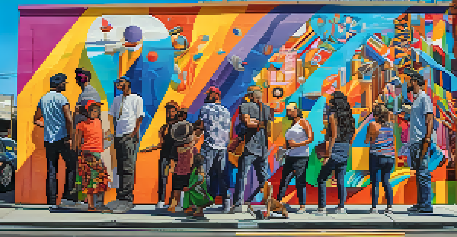 A colorful street art mural in LA's Arts District with people admiring it.