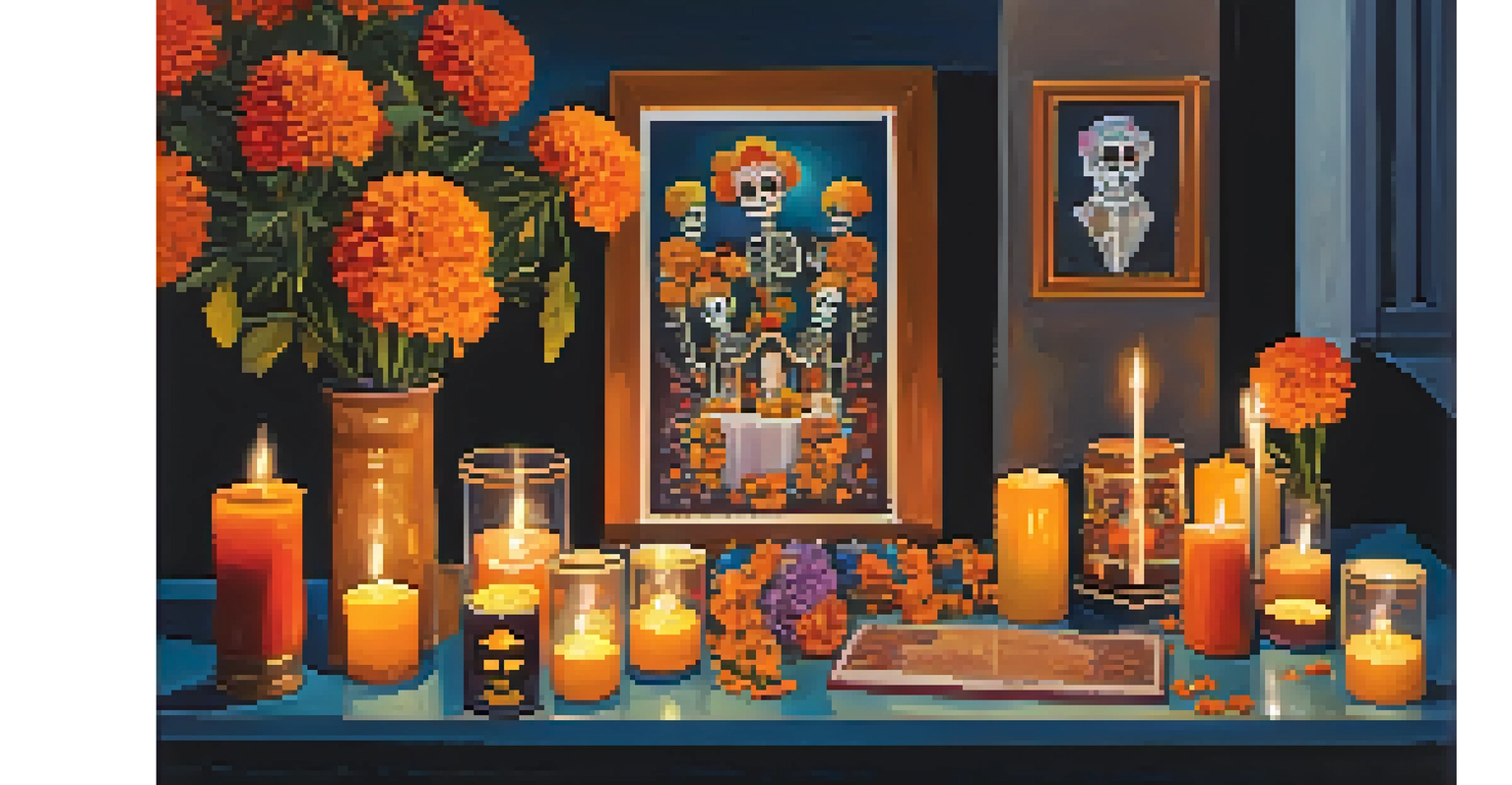 A colorful altar for Dia de los Muertos with marigolds, sugar skulls, candles, and photographs, softly lit by candlelight.