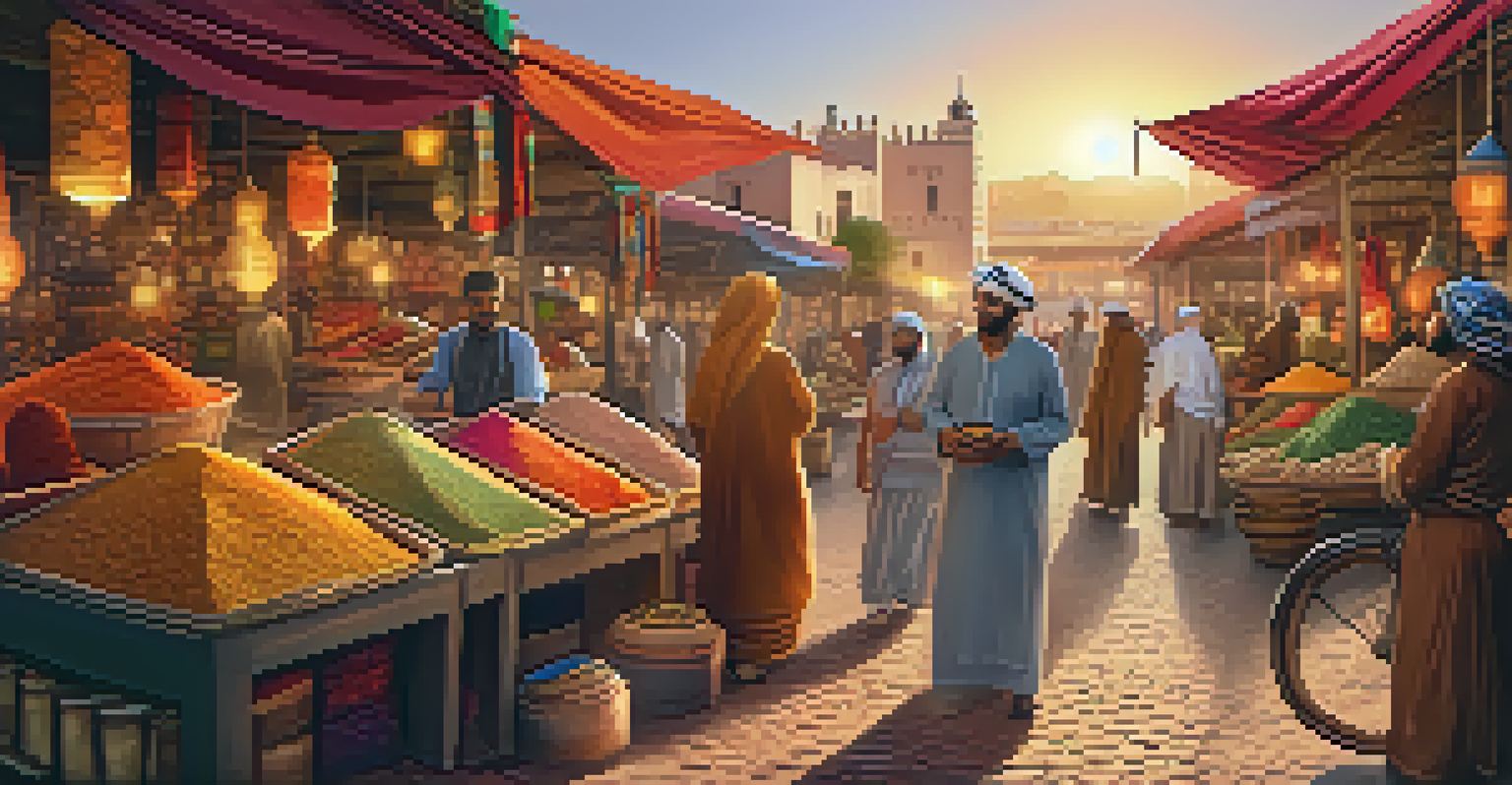 A person in virtual reality exploring a vibrant Moroccan market filled with textiles, spices, and crafts during a warm sunset.