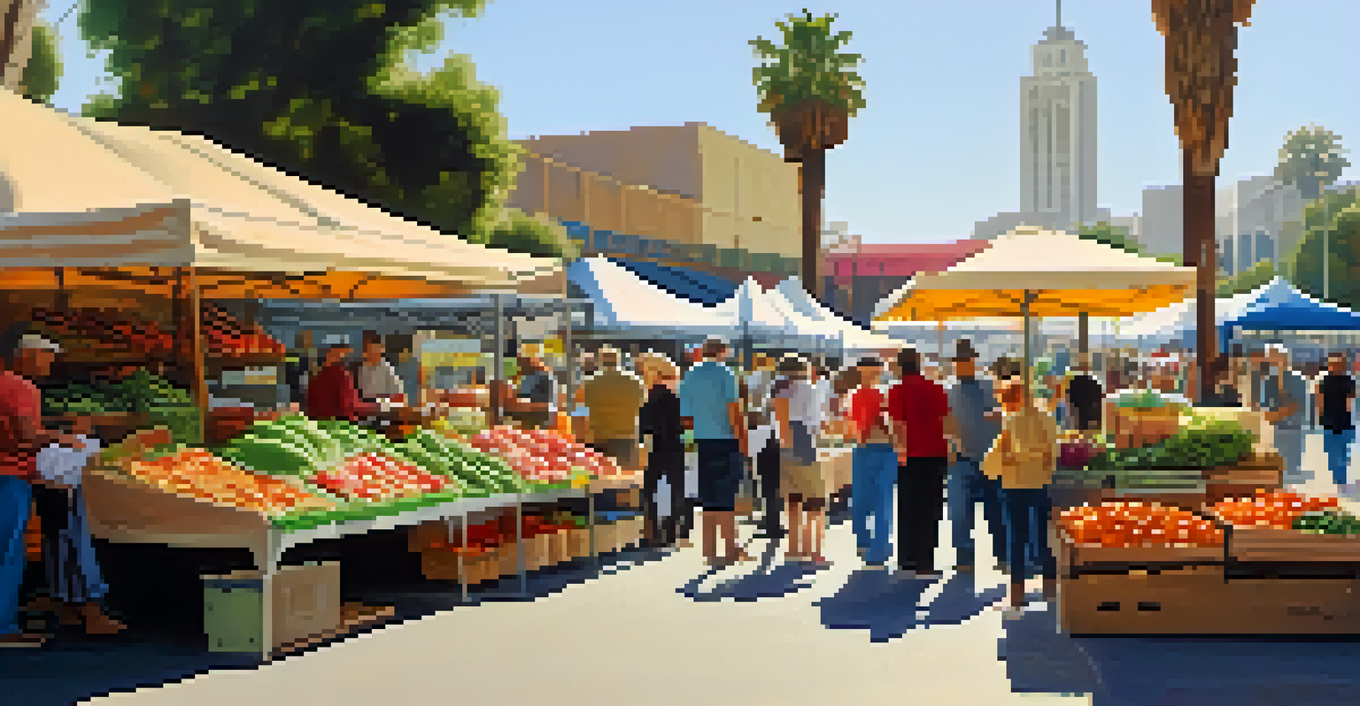 A busy farmers market in Los Angeles with colorful fruits and vegetables on display, people interacting with vendors, all bathed in soft morning light.