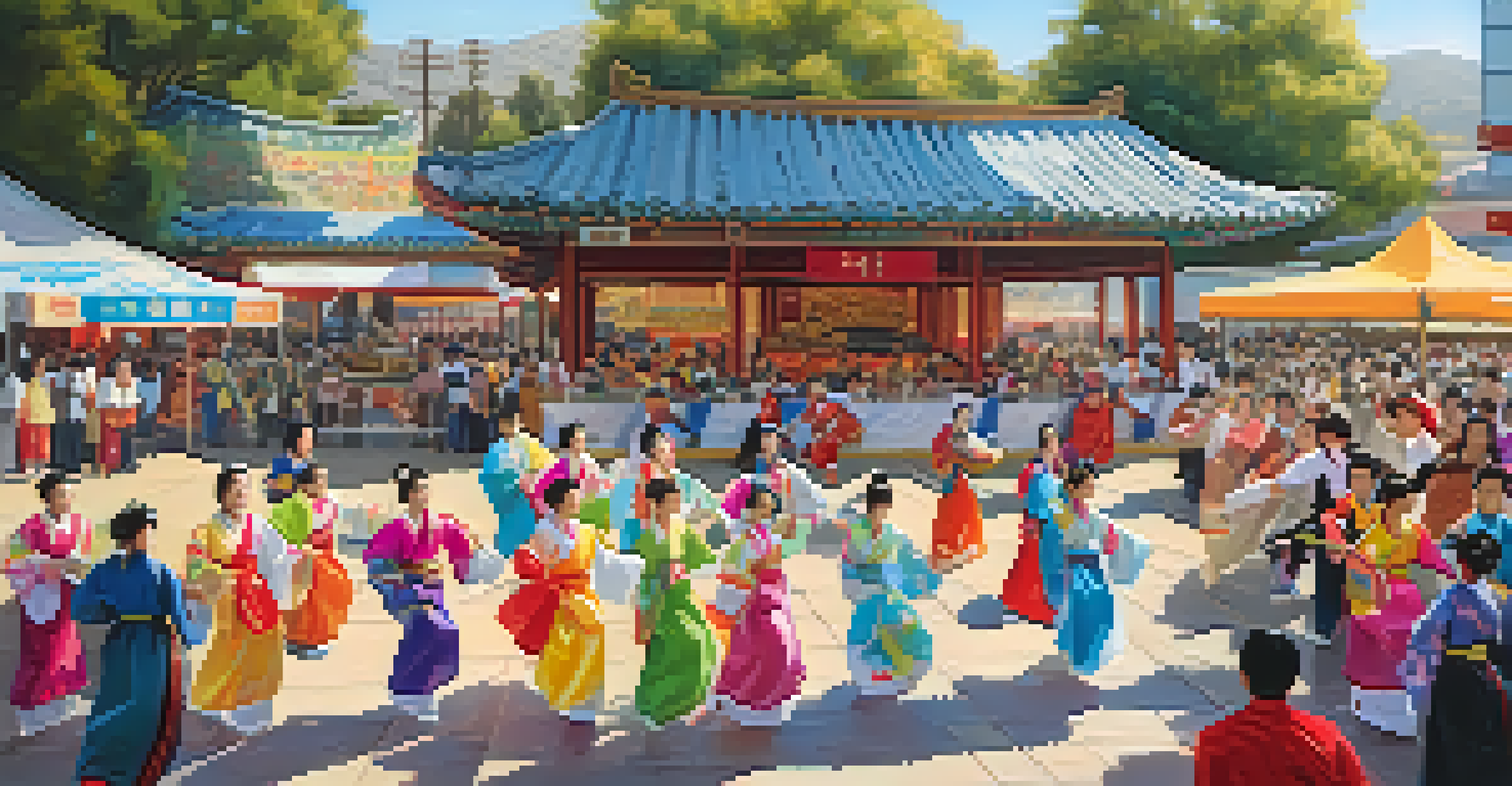 A lively Korean Festival scene with traditional dancers, food stalls, and a festive atmosphere.