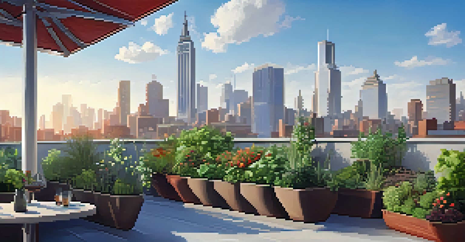 An innovative rooftop garden with vertical planters of edible plants, with a city skyline in the background under a clear blue sky.