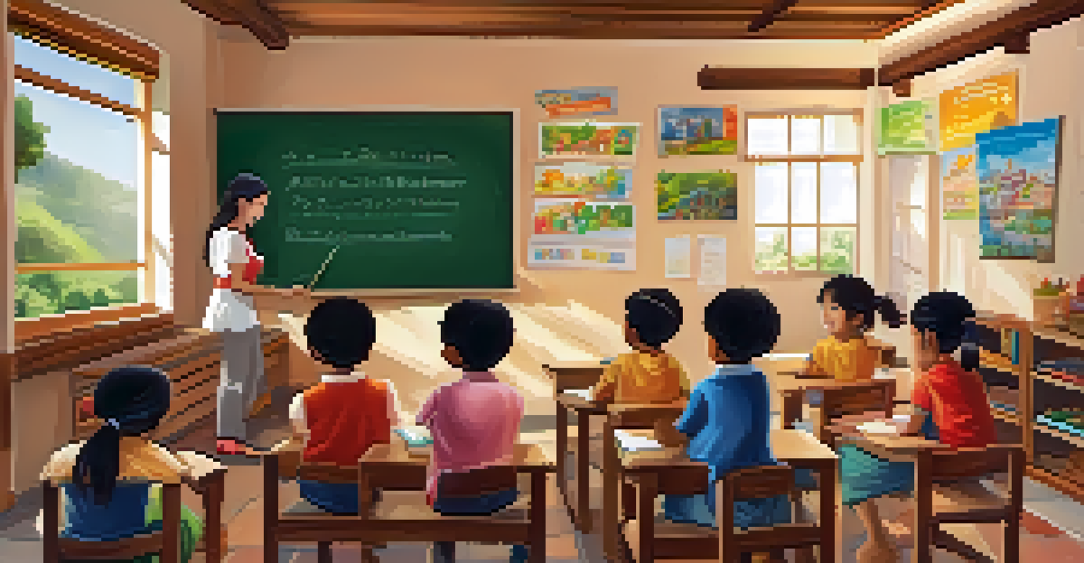 A volunteer teaching English to smiling local children in a colorful classroom filled with educational posters and natural light.