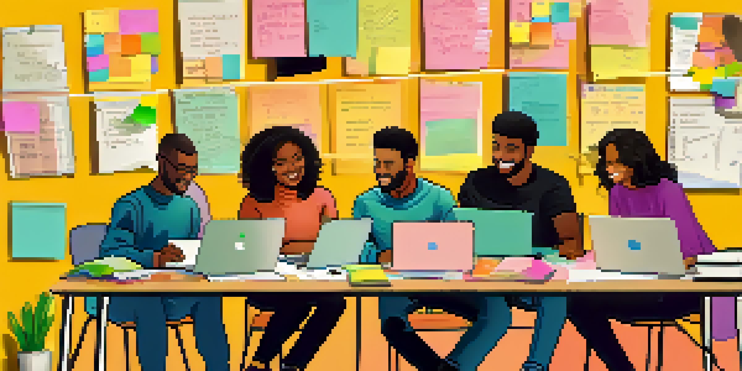 A diverse group of young people collaborating on a project at a bright table with laptops and colorful notes.