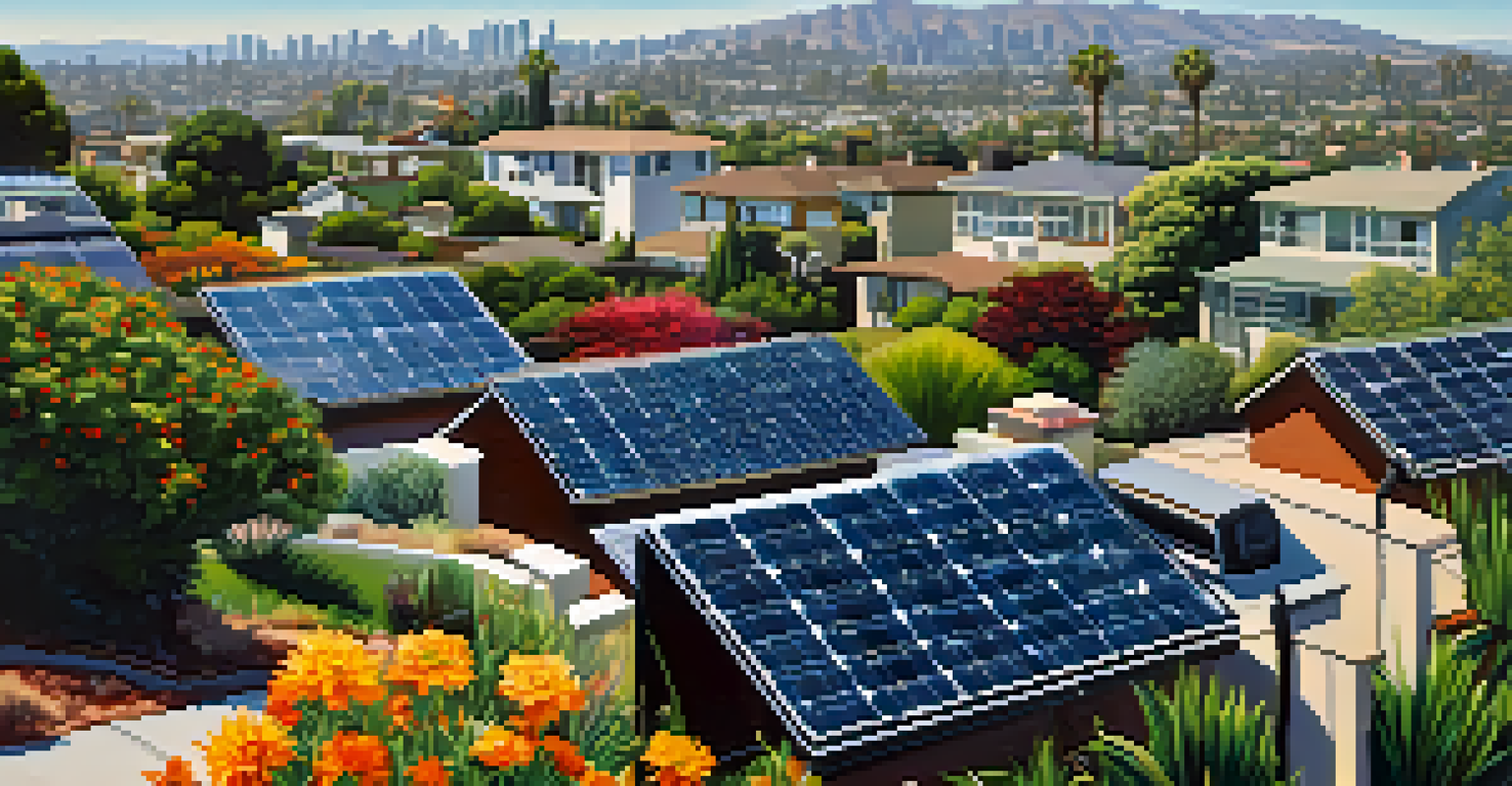 Close-up of solar panels in a sunny LA neighborhood with greenery and colorful flowers.