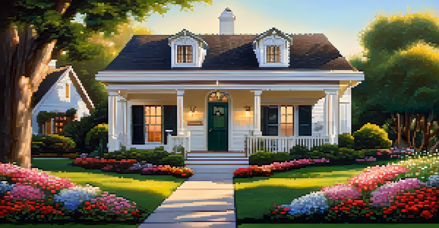 Close-up of a 'For Sale' sign in front of a charming California home with flowers and a well-kept lawn under warm sunlight.